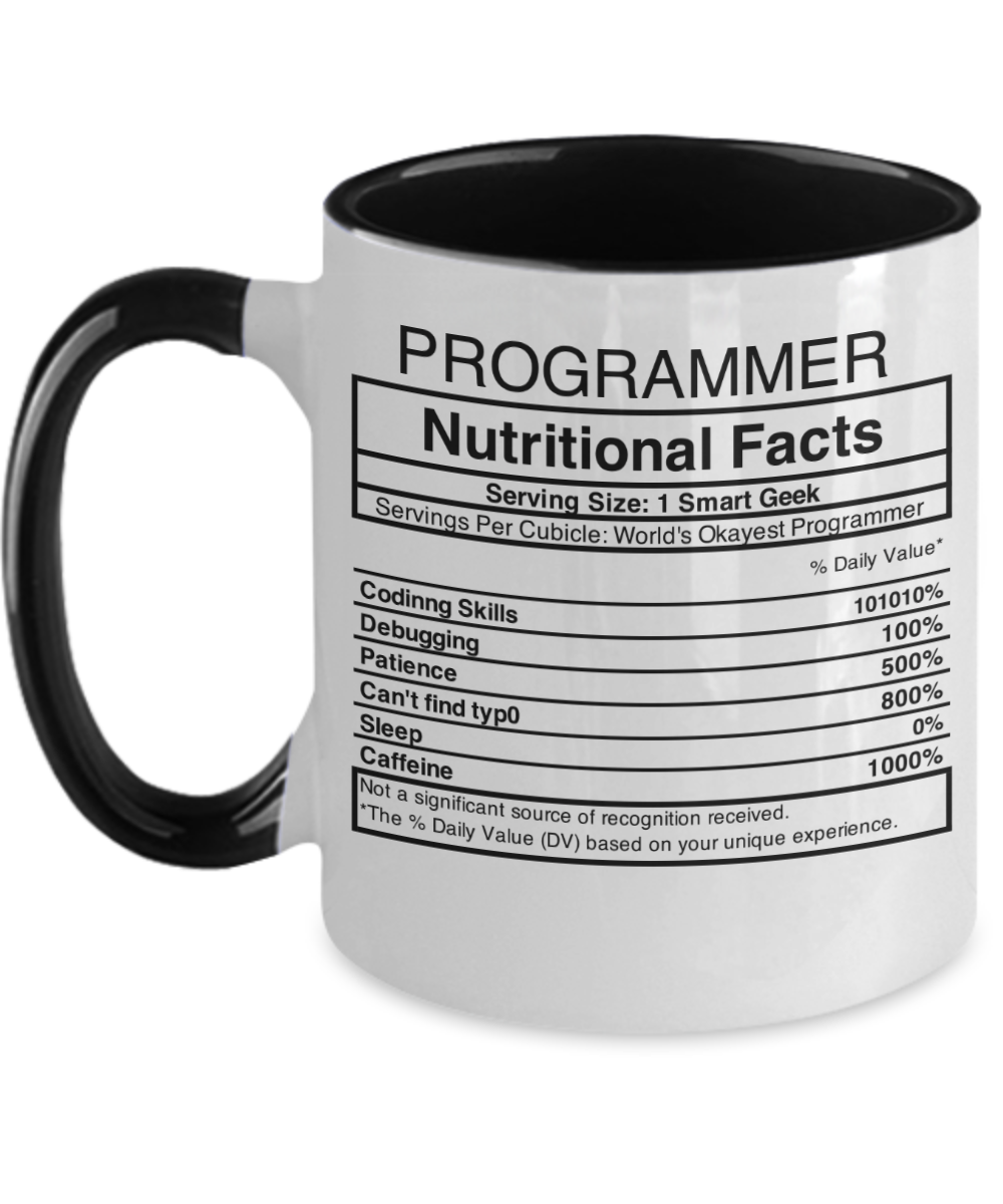 Programming Gifts Programmer Nutritional Facts Birthday Christmas Gift Idea Two Tone Coffee Mug 11oz