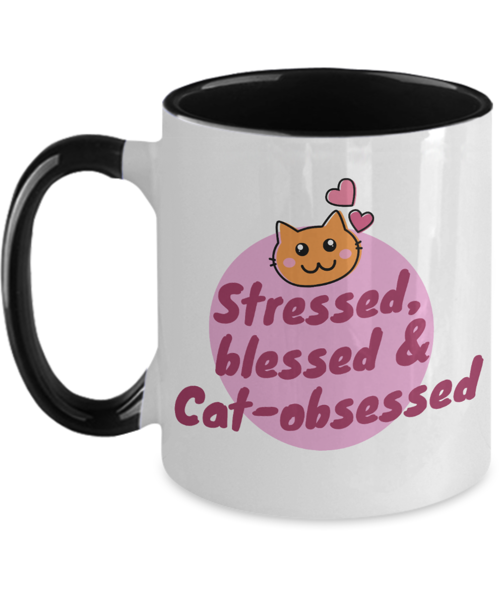 Cat Lovers Gifts Stressed Cat Obsessed Birthday Christmas Gift Idea Two Tone Coffee Mug 11oz