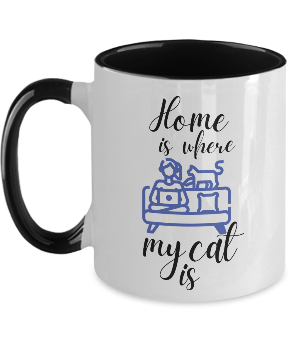 Cat Lovers Gifts Home Is Where My Cat Is Birthday Christmas Gift Idea Two Tone Coffee Mug 11oz