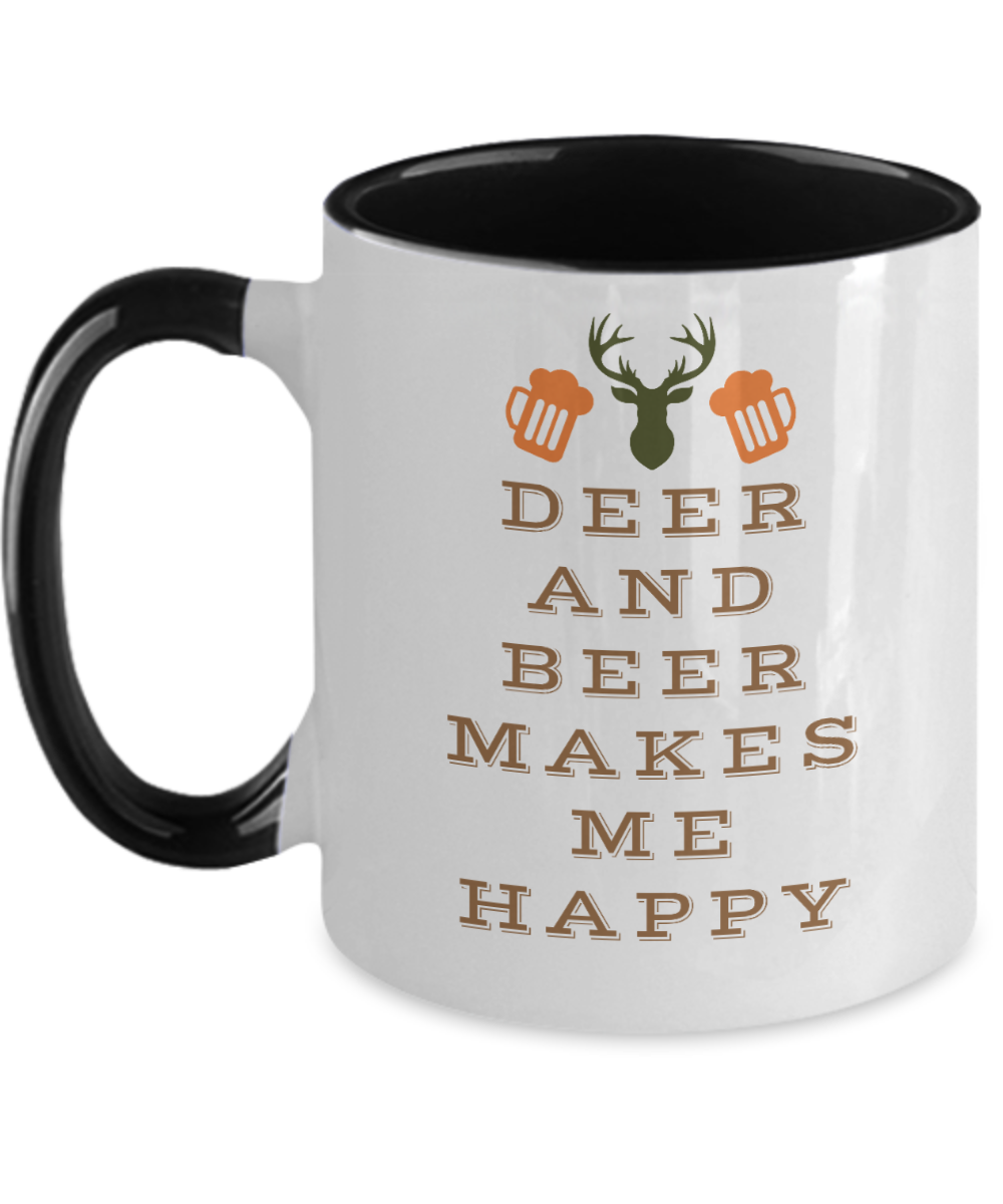 Hunting Gifts Deer And Beer Makes Me Happy Birthday Christmas Gift Idea Two Tone Red Coffee Mug 11oz