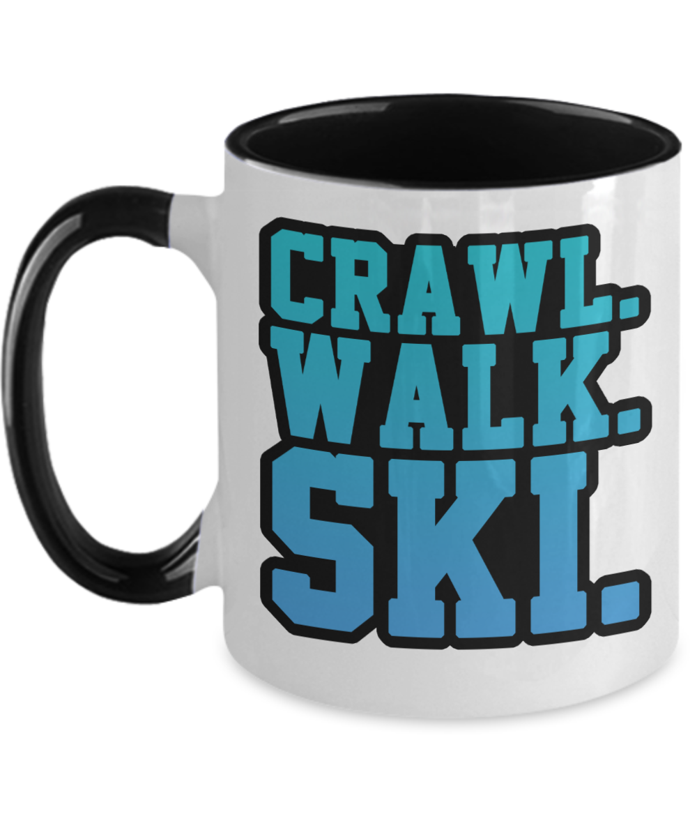 Skiing Gifts Crawl Walk Ski Birthday Christmas Gift Idea For Men Women Two Tone Coffee Mug 11oz