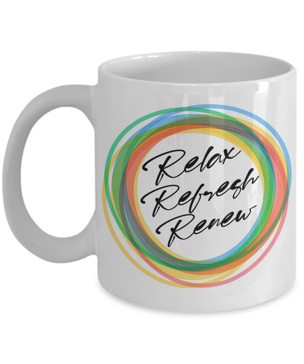 11 oz or 15 oz Coffee Mug - Relax, Refresh, Renew - Boyfriend, Girlfriend, Birthday, Funny, Novelty, Gift, Massage Therapist