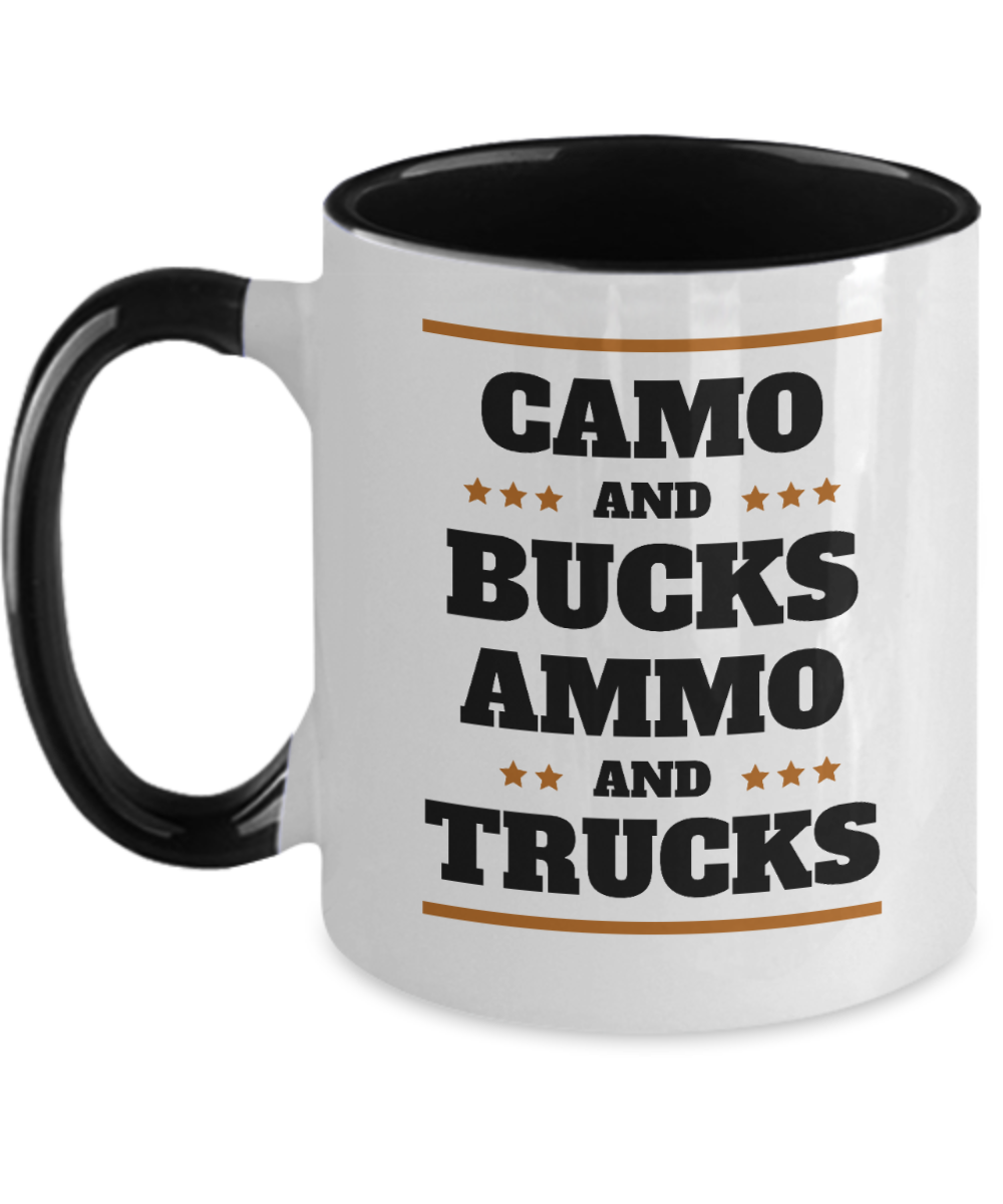 Hunting Gifts Camo And Bucks Ammo And Trucks Birthday Christmas Gift Idea Two Tone Black Coffee Mug 11oz