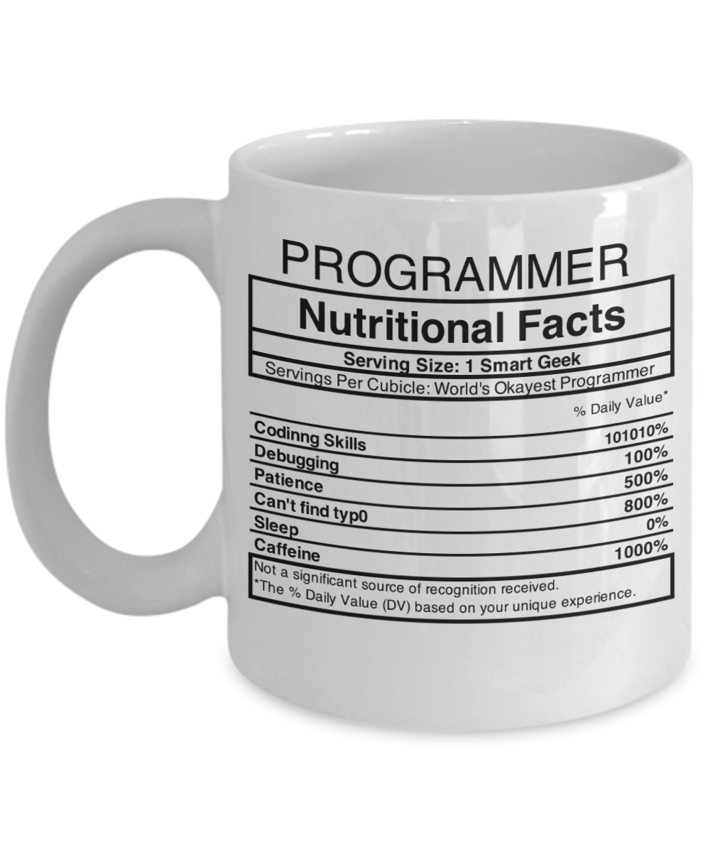 Programming Gifts Coffee Mug Programmer Nutritional Facts Birthday Christmas Gift Idea 11 oz or 15 oz