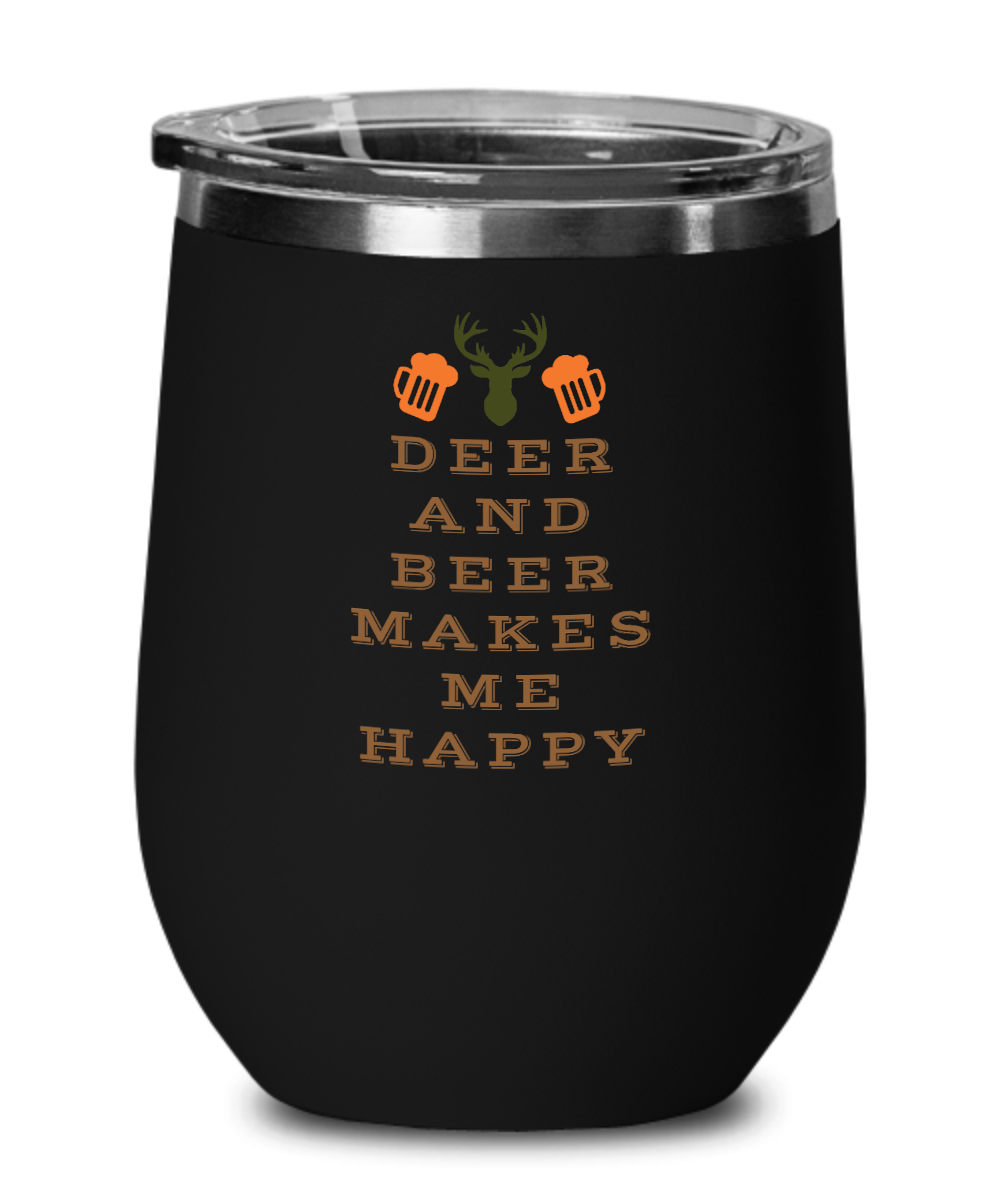 Hunting Gifts Deer And Beer Makes Me Happy Birthday Christmas Gift Idea For Men Women Wine Glass